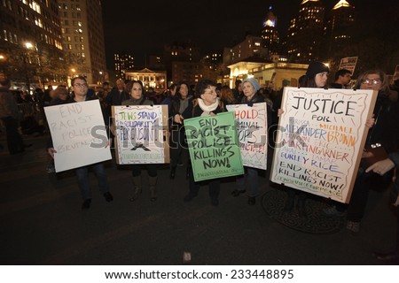 NEW YORK CITY - NOVEMBER 25 2014: activists took to the streets of New York City for the second day protesting the Ferguson grand jury\'s failure to indict Darren Wilson in the death of Michael Brown