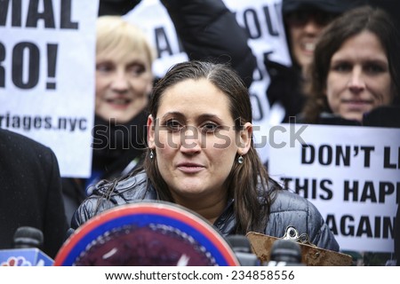 NEW YORK CITY - DECEMBER 2 2014: New Yorkers for Clean & Safe Streets held a press conference by City Hall in praise of Mayor De Blasio\'s  ban on horse-drawn carriages. NYCLASS director Allie Feldman