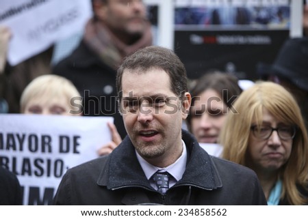NEW YORK CITY - DECEMBER 2 2014: New Yorkers for Clean & Safe Streets held a press conference by City Hall in praise of Mayor De Blasio\'s plan to ban horse-drawn carriages. NYCC member Mark Levine