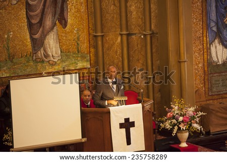 NEW YORK CITY - DECEMBER 6 2014: funeral services for Akai Gurley, shot to death by NYPD rookie officer Peter Liang, were held at Brown Baptist Church in Brooklyn. Kevin Powell, president of BK Nation