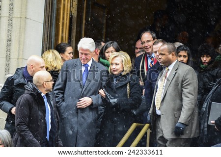 NEW YORK CITY - JANUARY 6 2015: funeral services were held for former New York governor Mario Cuomo at St. Ignatius Loyola Church on Manhattan\'s Upper East Side. Bill & Hillary Clinton