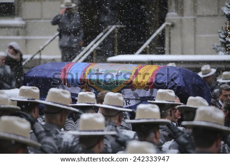 NEW YORK CITY - JANUARY 6 2015: funeral services were held for former New York governor Mario Cuomo at St. Ignatius Loyola Church on Manhattan's Upper East Side. Flag-draped coffin entering church