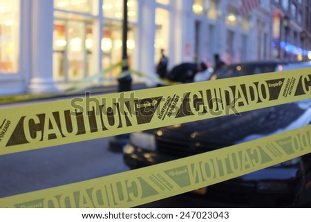 NEW YORK CITY - JANUARY 25 2015: a shooting at the Home Depot store in Chelsea left two employees dead in what is being called a murder-suicide. Crime scene tape set out in front of store