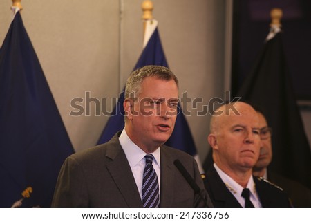 NEW YORK CITY - JANUARY 26 2015: Mayor Bill De Blasio held a press conference with department heads to inform the public of NYC\'s preparations for winter storm Juno. Mayor De Blasio addressing press