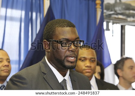 NEW YORK CITY - JANUARY 30 2015: Mayor De Blasio conducted a tour of & held a press conference at Van Dyke House to announce a new director of the Young Men\'s Initiative. New director W Cyrus Garret