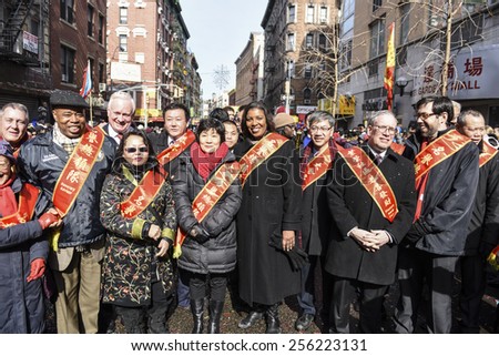 NEW YORK CITY - FEBRUARY 22 2015: the Chinese Lunar New Year was celebrated with a parade along Mott Street in Little Italy to mark the year of the sheep. Public advocate Leticia James