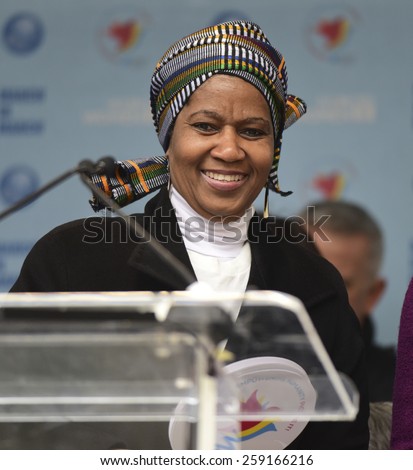 NEW YORK CITY - MARCH 8 2015: United Nations International Women\'s Day was marked with a rally in Dag Hammarskjold Plaza & march to Times Square. Executive Director of UN Women Phumzile Mlambo-Ngcuka