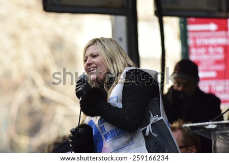 NEW YORK CITY - MARCH 8 2015: United Nations International Women\'s Day was marked with a rally in Dag Hammarskjold Plaza & march to Times Square. Singer Jackie Wilson performs