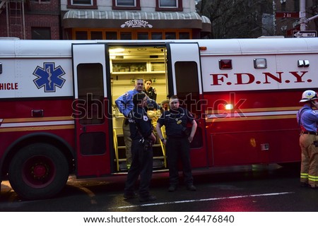 NEW YORK CITY - MARCH 26 2015: an explosion thought to be caused by a natural gas leak destroyed three brownstones along Seventh St & Second Av injuring 14 people & leaving two missing