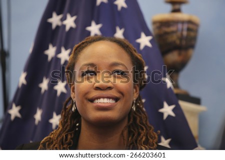 NEW YORK CITY - APRIL 2 2015: mayor Bill de Blasio met with a group of progressive leaders at Gracie Mansion to discuss ways to address growing income disparity in the US. Heather McGhee of DEMOS