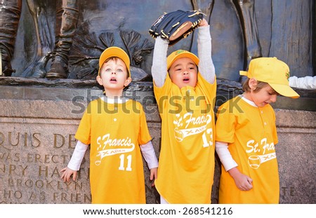 NEW YORK CITY - APRIL 11 2015: the Park Slope Baseball Association & Prospect Park Alliance marked opening day of little league in Prospect Park with Mayor Bill de Blasio & other officials on hand.