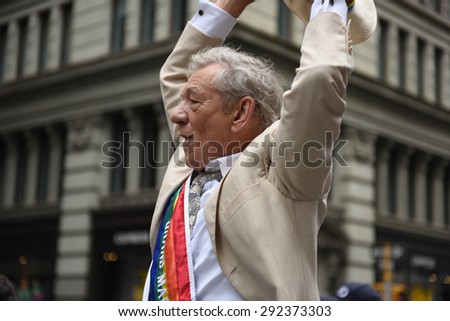 NEW YORK CITY - JUNE 28 2015: the 45th annual LGBT Pride parade drew an estimated two million spectators buoyed by the Supreme Court\'s Obergefell ruling on same sex marriage.Grand marshal Ian McKellen