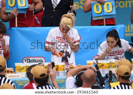 NEW YORK CITY - JULY 4 2015: Nathan\'s Famous staged its annual fourth of July hot dog eating contest in Coney Island, Brooklyn.
