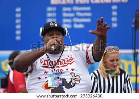 NEW YORK CITY - JULY 4 2015: Nathan\'s Famous staged their annual fourth of July hot dog eating contest in Coney Island, Brooklyn. Eric \