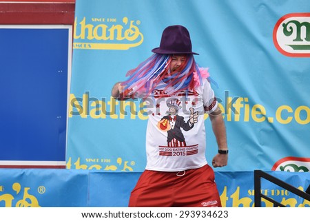 NEW YORK CITY - JULY 4 2015: Nathan\'s Famous held its annual fourth of July hot dog eating contest in Coney Island, Brooklyn. Competitor Crazy Legs Conti takes the stage