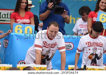 NEW YORK CITY - JULY 4 2015: Nathan's Famous held its annual fourth of July hot dog eating contest in Coney Island, Brooklyn. Joey Chestnut loses to Matt Stonie