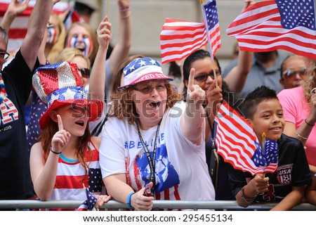 NEW YORK CITY - JULY 11 2015: a ticker tape parade was held for the champion US women's FIFA team along Canyon of Heroes on Broadway