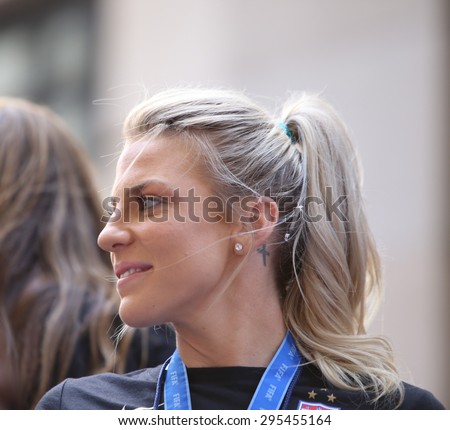 NEW YORK CITY - JULY 11 2015: a ticker tape parade was held for the champion US women\'s FIFA team along Canyon of Heroes on Broadway. Women\'s FIFA team player Julie Johnston