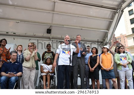 NEW YORK CITY - JULY 12 2015: Mayor Bill de Blasio & former US senator Tom Harkin led the first ever NYC Disability Pride Parade from Madison Square Park to Union Square. Retired senator Tom Harkin