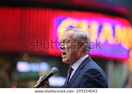 NEW YORK CITY - JULY 22 2015: thousands rallied in Times Square to oppose the President\'s proposed nuclear deal with Iran. Former NY governor George Pataki speaks out
