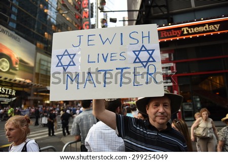 NEW YORK CITY - JULY 22 2015: thousands rallied in Times Square to oppose the President\'s proposed nuclear deal with Iran.