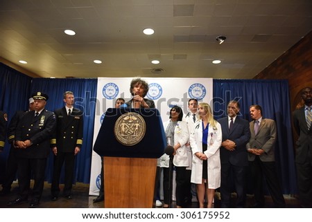 NEW YORK CITY - AUGUST 13 2015: mayor de Blasio & health officials, gathered at Lincoln Medical & Mental Health Center to announce no new cases of Legionnaires' disease since August 3. Dr Mary Bassett