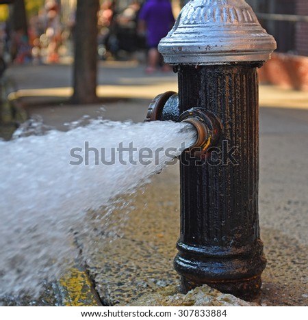 Open fire hydrant/water flowing vigorously from open fire hydrant on city street and sidewalk