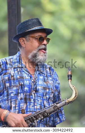 NEW YORK CITY - AUGUST 23 2015: Thousands filled Tompkins Square Park to hear live jazz performances celebrating the life of Charlie 