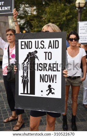 NEW YORK CITY - AUGUST 26 2015: members of Jewish Voice for Peace staged a rally on the Upper West Side & march to Columbus Circle to call for an end to the Israeli blockade of Gaza