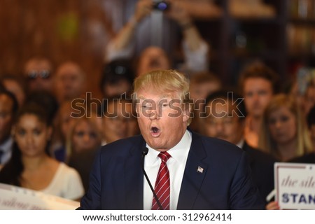 NEW YORK CITY - SEPTEMBER 3 2015: Republican candidate for president Donald Trump announced he had signed a pledge not to run as an independent candidate should he fail to win the 2016 nomination.