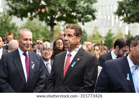 NEW YORK CITY - SEPTEMBER 11 2015: Memorial services were held at Ground Zero to mark the 14th anniversary of the World Trade Center attacks. Governor Andrew Cuomo & senator Charles Schumer