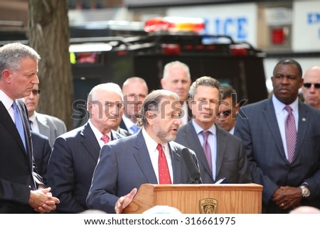 NEW YORK CITY - SEPTEMBER 14 2015: Mayor de Blasio and NYPD commissioner Bratton held a press conference following an exercise between NYPD and federal personnel for the forthcoming Papal visit to NYC