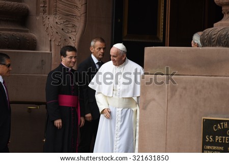 PHILADELPHIA, PA - SEPTEMBER 26 2015: Pope Francis celebrated mass at the Cathedral Basilica of Peter & Paul in downtown Philadelphia. Pope Francis at cathedral entrance
