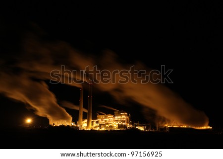 Steam Plant New Mexico/Long view of power plant off US 40 in New Mexico with lights & steam billowing into the night air.