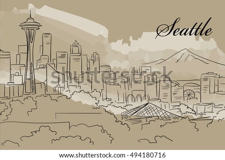 Seattle Skyline hand drown on water color background