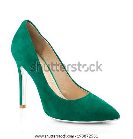 Elegant expensive green suede high heel women shoes on white.Please, look for more photos like this in my sets.