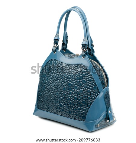 Bondi blue patent female leather bag isolated on white background(made of reptile skin)