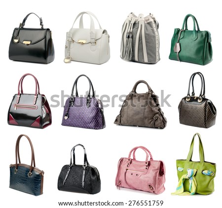 Female handbags collection isolated on white background.