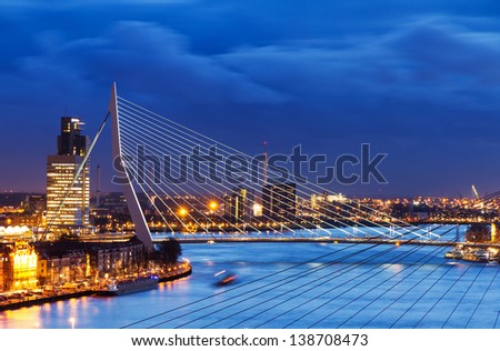 Beautiful image of the famous Erasmus bridge over the river Meuse in Rotterdam, the Netherlands