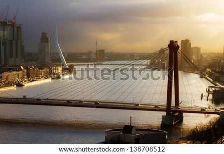 Beautiful sunset view on the bridges over the river Maas (Meuse) in Rotterdam, The Netherlands
