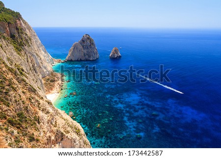 Beautiful view on the Mizithres Rocks from the top of Cape Keri, Zakynthos