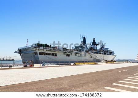 LISBON, PORTUGAL - AUGUST 2013: Royal Navy Military ship the HMS Bulwark in the port of Lisbon, Portugal, in August 2013
