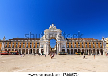 LISBON, PORTUGAL - AUGUST 20, 2013: Beautiful image of tourist on the Commerce square (Praca do Comercio) in Lisbon, Portugal, on August 20, 2013