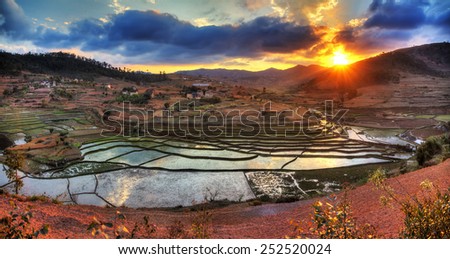 Beautiful panorama of the landscape of Madagascar with rice plantations and a nice cloudscape