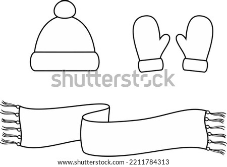 Knitted, cap, scarf, mittens flat sketch. Knit winter accessories apparel design.  CAD mockup Fashion technical drawing template. Vector illustration.