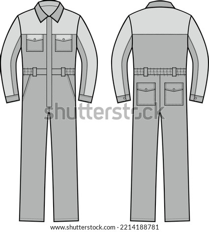 Protective work coverall flat sketch. Working jumpsuit apparel design. Front back. Men CAD mockup. Technical drawing template. Vector illustration.