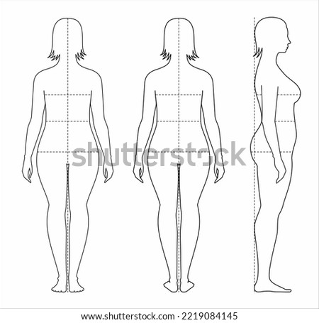 Women figure increased fat deposition. Female overweight body proportions sewing clothing. Bust waist hips line. Front back side. Vector illustration.