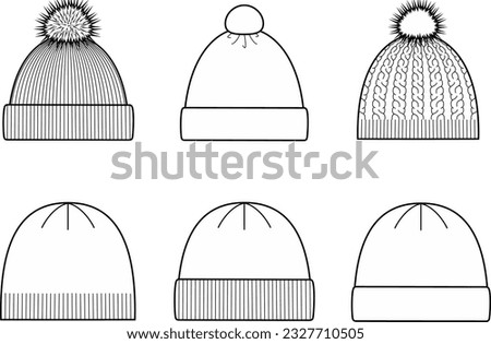 Knitted cap flat sketch. Winter knit hat apparel design. Front view. Knitwear accessory CAD mockcup. Technical drawing template. Vector illustration.