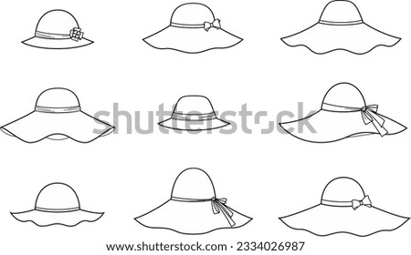Wide brim floppy summer hat. Headgear apparel design. Women CAD mockup. Fashion technical drawing template. Vector illustration. 