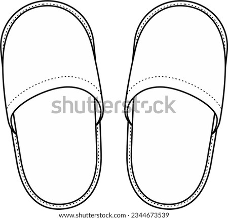 House slippers flat sketch. Home flip flops apparel design. Accessory CAD mockup. Fashion technical drawing template. Vector illustration.